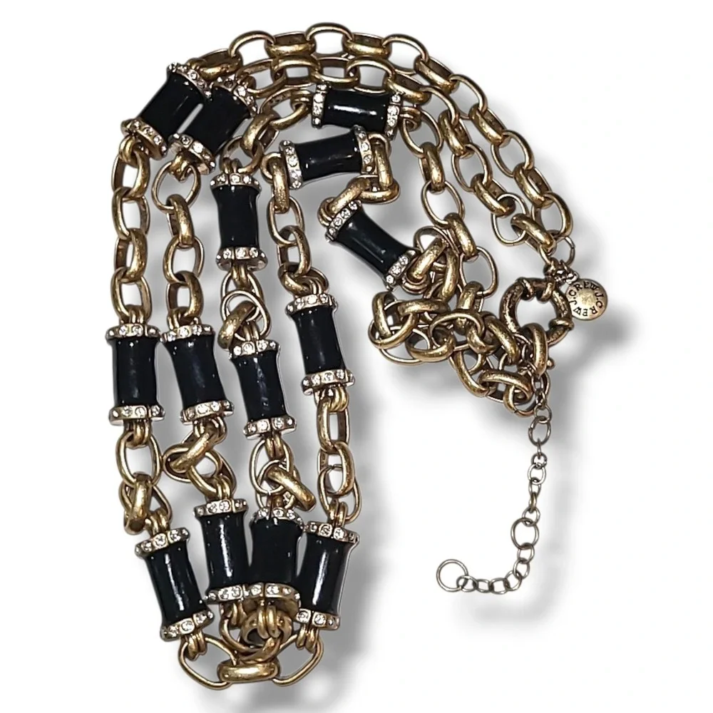 J. Crew‎ Rhinestone Black Enamel Three Link Double Strand Necklace Gold Tone